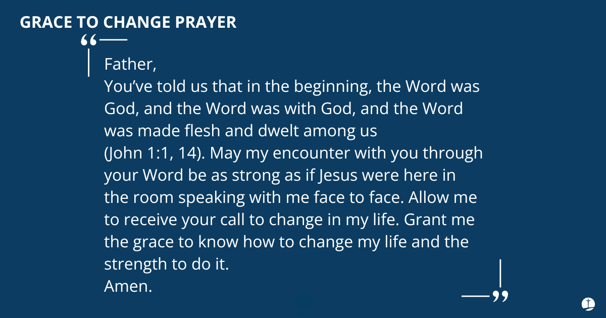This image shows the Lectio Divina Step 2 Prayer, titled "Ears to Hear Prayer." It is a downloadable Lectio Divina prayer guide. The text reads: Father, You've told us that in the beginning, the Word was God, and the Word was with God, and the Word was made flesh and dwelt among us (John 1:1, 14). May my encounter with you through your Word be as strong as if Jesus were here in the room speaking with me face to face. Allow me to receive your call to change in my life. Grant me the grace to know how to change my life and the strength to do it.