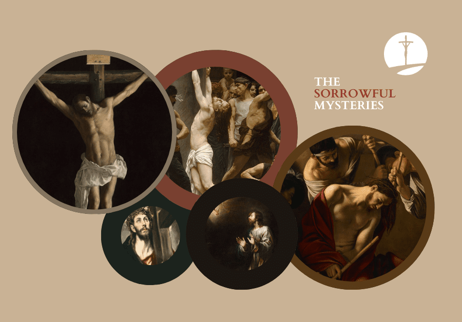 1600s Catholic Art shows the Sorrowful Mysteries of the Rosary. 